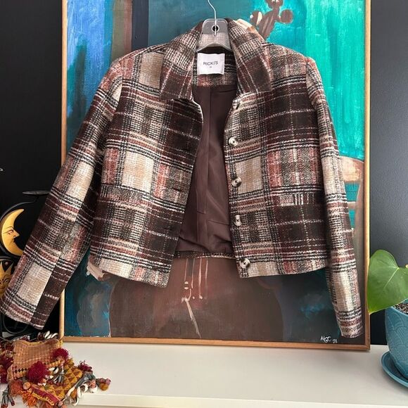 Ricki's Plaid Cropped Blazer in Brown and Cream XS - Picture 12 of 16